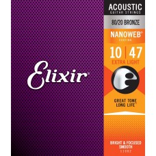 Elixir Strings 11002 80/20 Acoustic Guitar Strings Nanoweb Extra Light - .010-.047