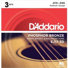 D'Addario EJ17-3D Phosphor Bronze Acoustic Guitar String Medium - 13-56 - 3 Packs