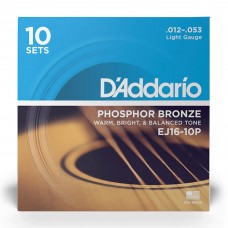 D'Addario EJ16-10P Phosphor Bronze Acoustic Guitar String Light - 12-53 - 10 Packs