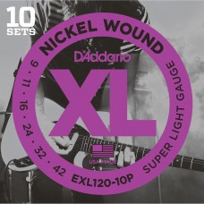 D'Addario EXL120-10P Nickel Wound Electric Guitar String Super Light - 09-42 - 10 Packs