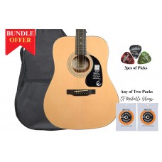 Epiphone EA10NACH1-Bun DR-100 Natural Acoustic Guitar Any of 2 Packs Strings, 3pcs Alice Picks, Softcase Bundle