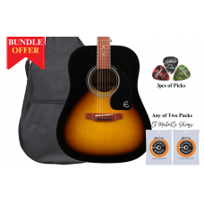 Epiphone EA10VSCH1-Bun DR-100 Vintage Sunburst Acoustic Guitar Any of 2 Packs Strings, 3pcs Alice Picks, Softcase Bundle