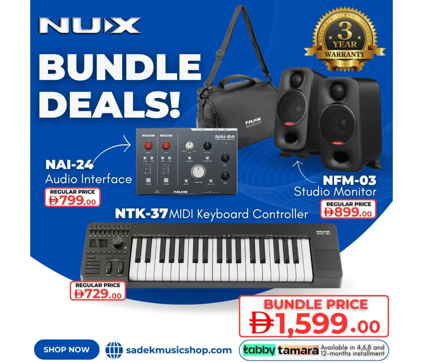 NUX Bundle - 2 | Ultimate Home Studio | NTK-37 MIDI Controller, NAI-24 Interface & NFM-03 Monitors