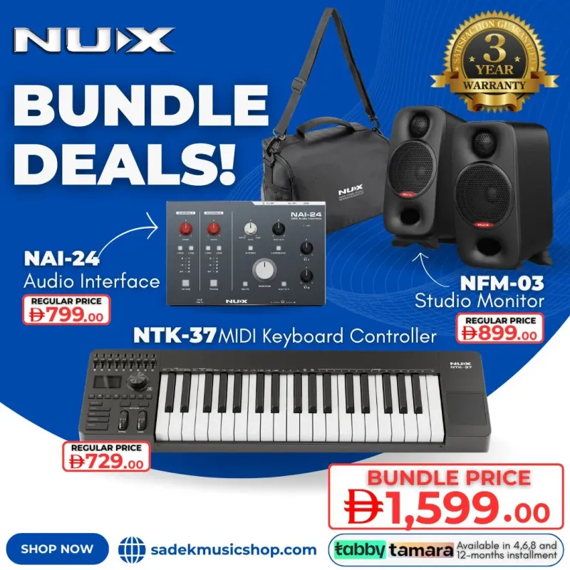 NUX Bundle - 2 | Ultimate Home Studio | NTK-37 MIDI Controller, NAI-24 Interface & NFM-03 Monitors NUX Bundle - 2 | Ultimate Home Studio | NTK-37 MIDI Controller, NAI-24 Interface & NFM-03 Monitors