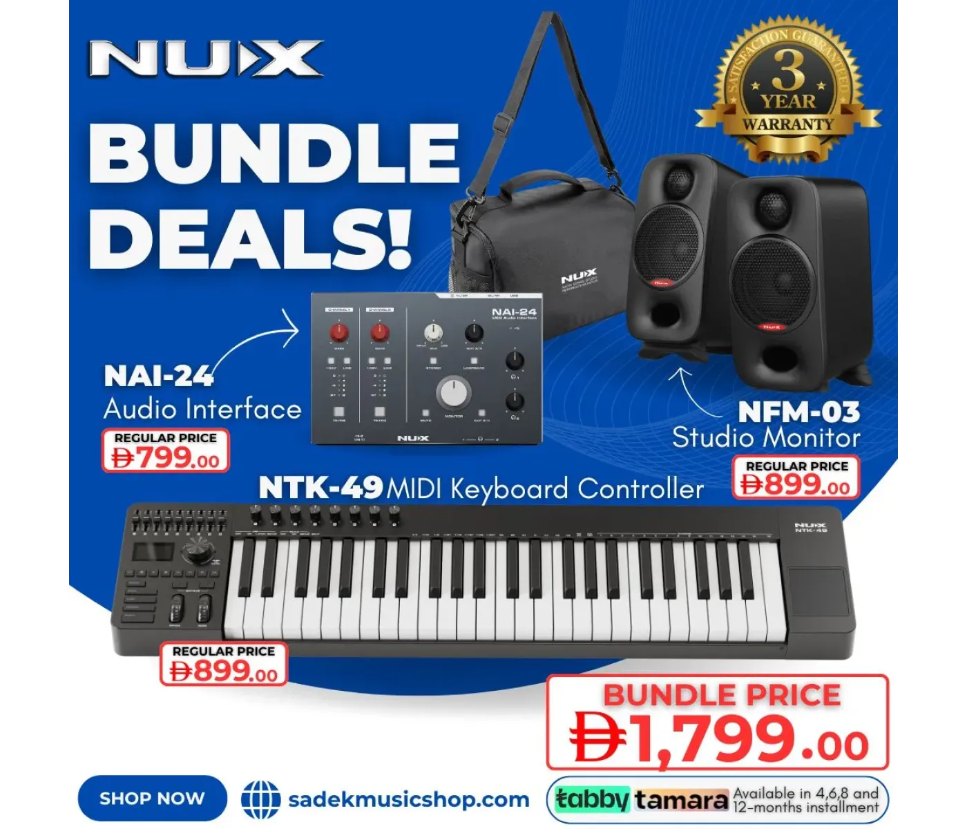 NUX Bundle - 2 | Pro Producer | NTK-49 MIDI Keyboard, NAI-24 Audio Interface & NFM-03 Monitors