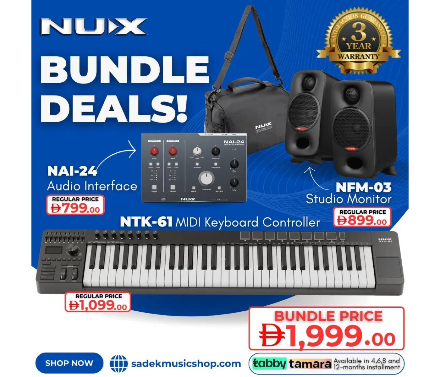 NUX Bundle - 1 | Elite Composer Studio | NTK-61 MIDI Controller, NAI-24 Interface & NFM-03 Monitors