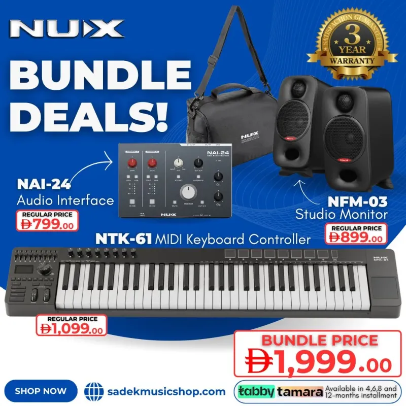 NUX Bundle - 1 | Elite Composer Studio | NTK-61 MIDI Controller, NAI-24 Interface & NFM-03 Monitors NUX Bundle - 1 | Elite Composer Studio | NTK-61 MIDI Controller, NAI-24 Interface & NFM-03 Monitors
