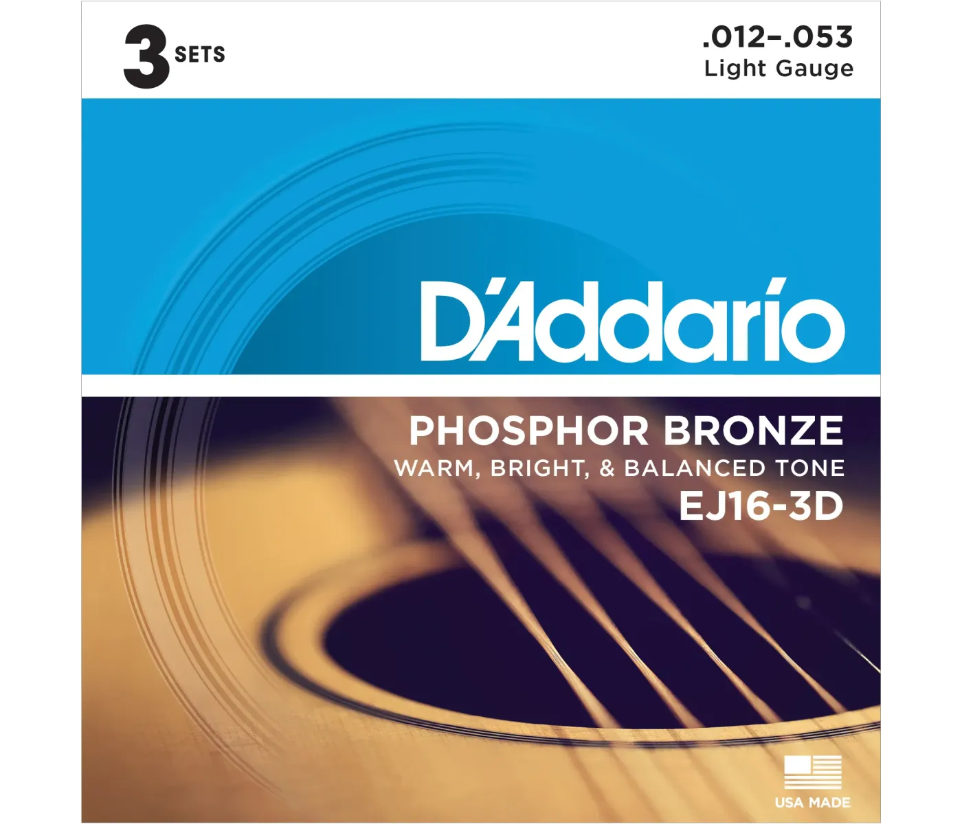 D'Addario EJ16-3D Phosphor Bronze Acoustic Guitar String Light - 12-53 - 3 Packs