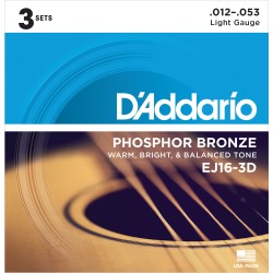 D'Addario EJ16-3D Phosphor Bronze Acoustic Guitar String Light - 12-53 - 3 Packs