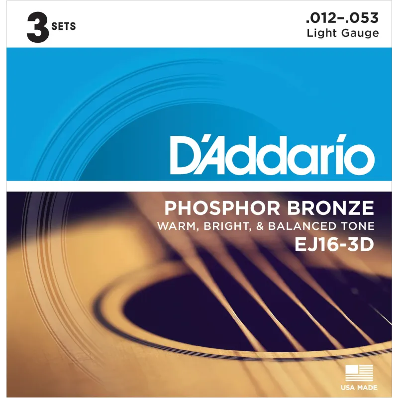 D'Addario EJ16-3D Phosphor Bronze Acoustic Guitar String Light - 12-53 - 3 Packs