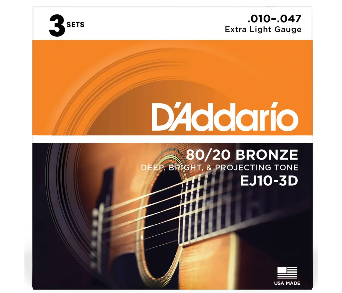 D'Addario EJ10-3D Phosphor Bronze Acoustic Guitar String Extra Light - 10-47 -3-Pack