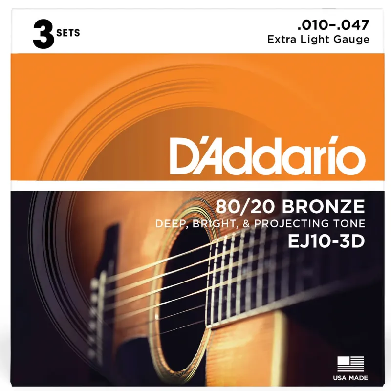 D'Addario EJ10-3D Phosphor Bronze Acoustic Guitar String Extra Light - 10-47 -3-Pack
