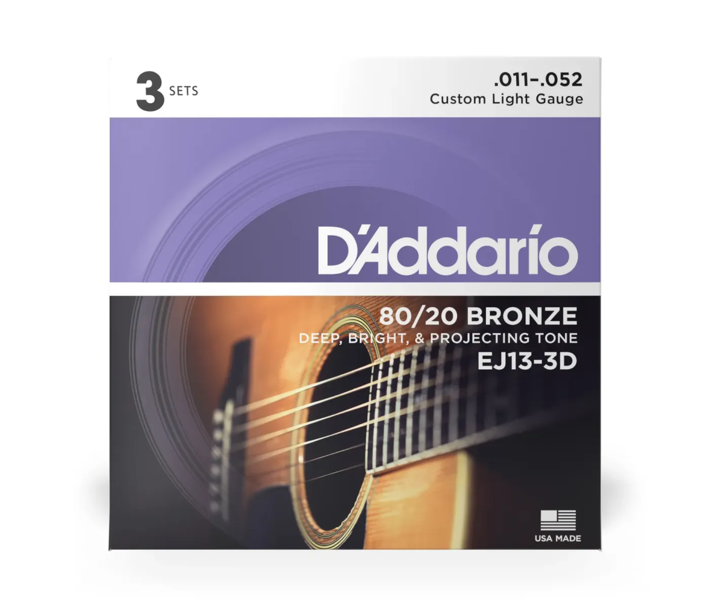 D'Addario EJ13-3D 80/20 Bronze Acoustic Guitar Strings, Custom Light, 11-52, 3 Sets