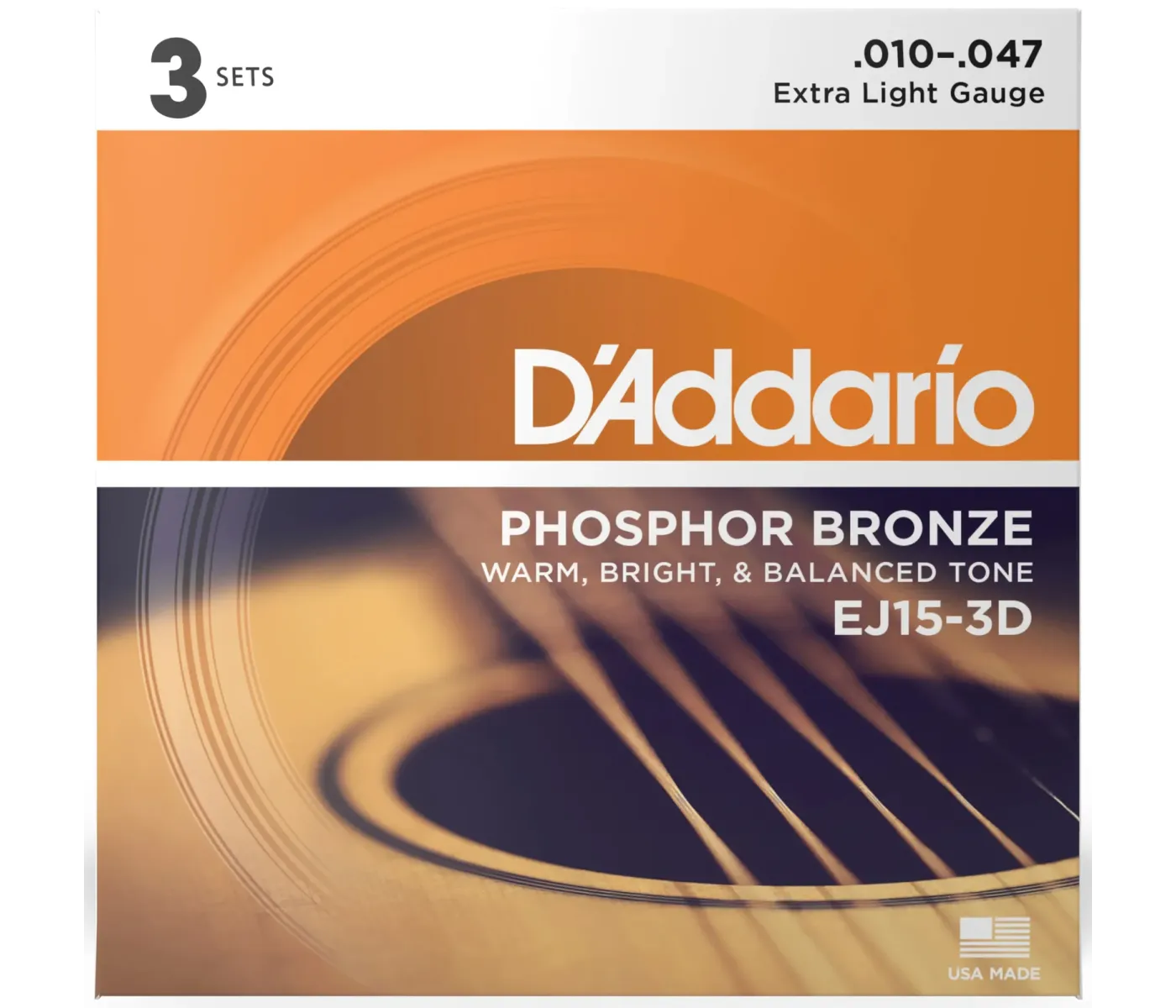 D'Addario EJ15-3D Phosphor Bronze Acoustic Guitar String Extra Light - 10-47 -3-Pack