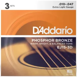 D'Addario EJ15-3D Phosphor Bronze Acoustic Guitar String Extra Light - 10-47 -3-Pack