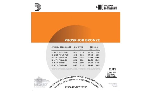 D'Addario EJ15 Phosphor Bronze Acoustic Guitar String Extra Light - 10-47