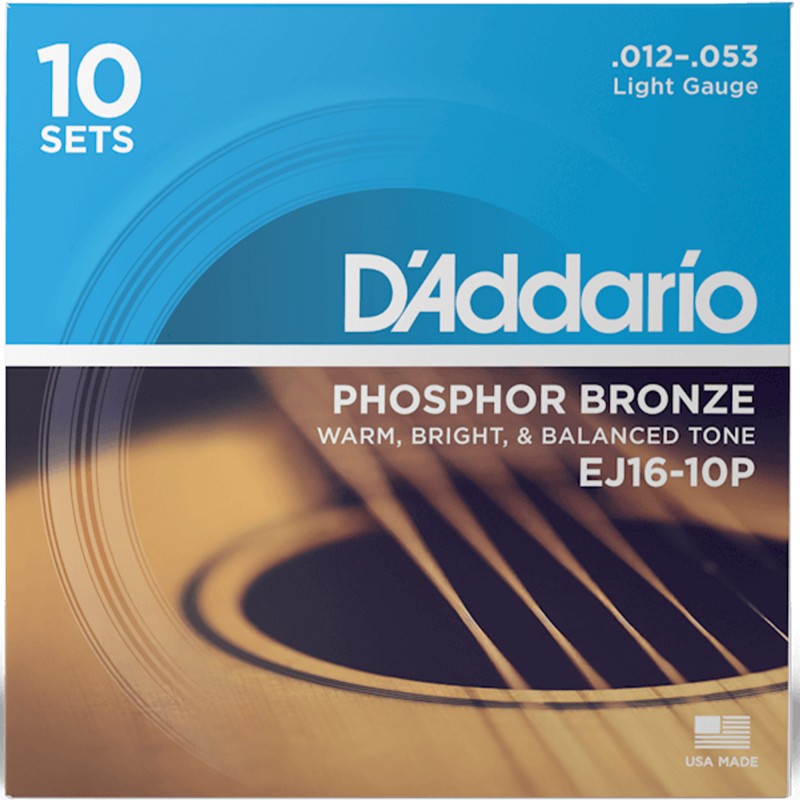 D'Addario EJ16-10P Phosphor Bronze Acoustic Guitar String Light - 12-53 - 10 Packs
