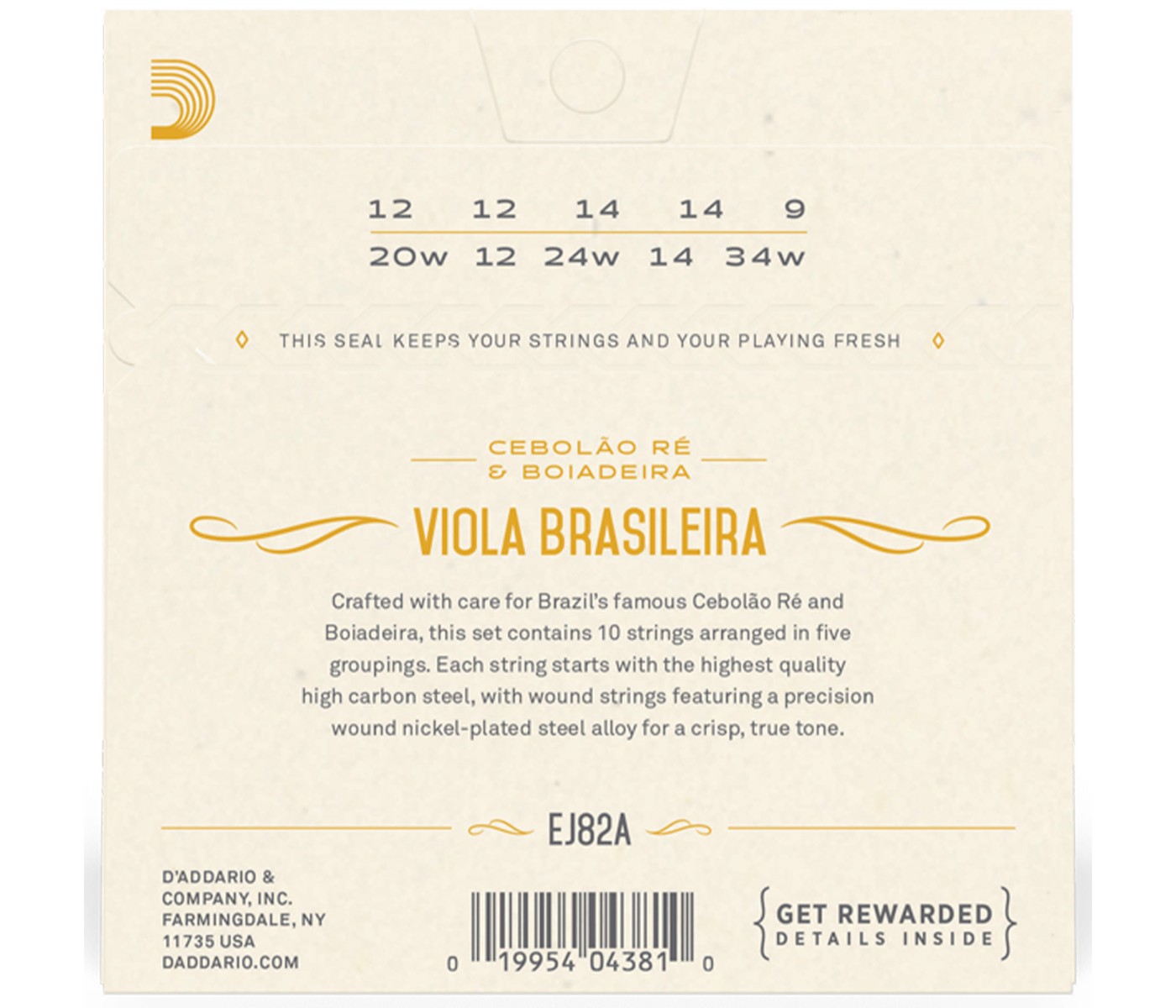 D'Addario EJ82A Viola Brasileira string Cebolão Re and Boiadeira Tunings