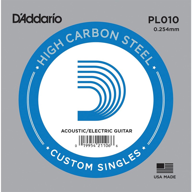 D'Addario PL010 Single Plain Steel String for Acoustic or Electric Guitar - 010