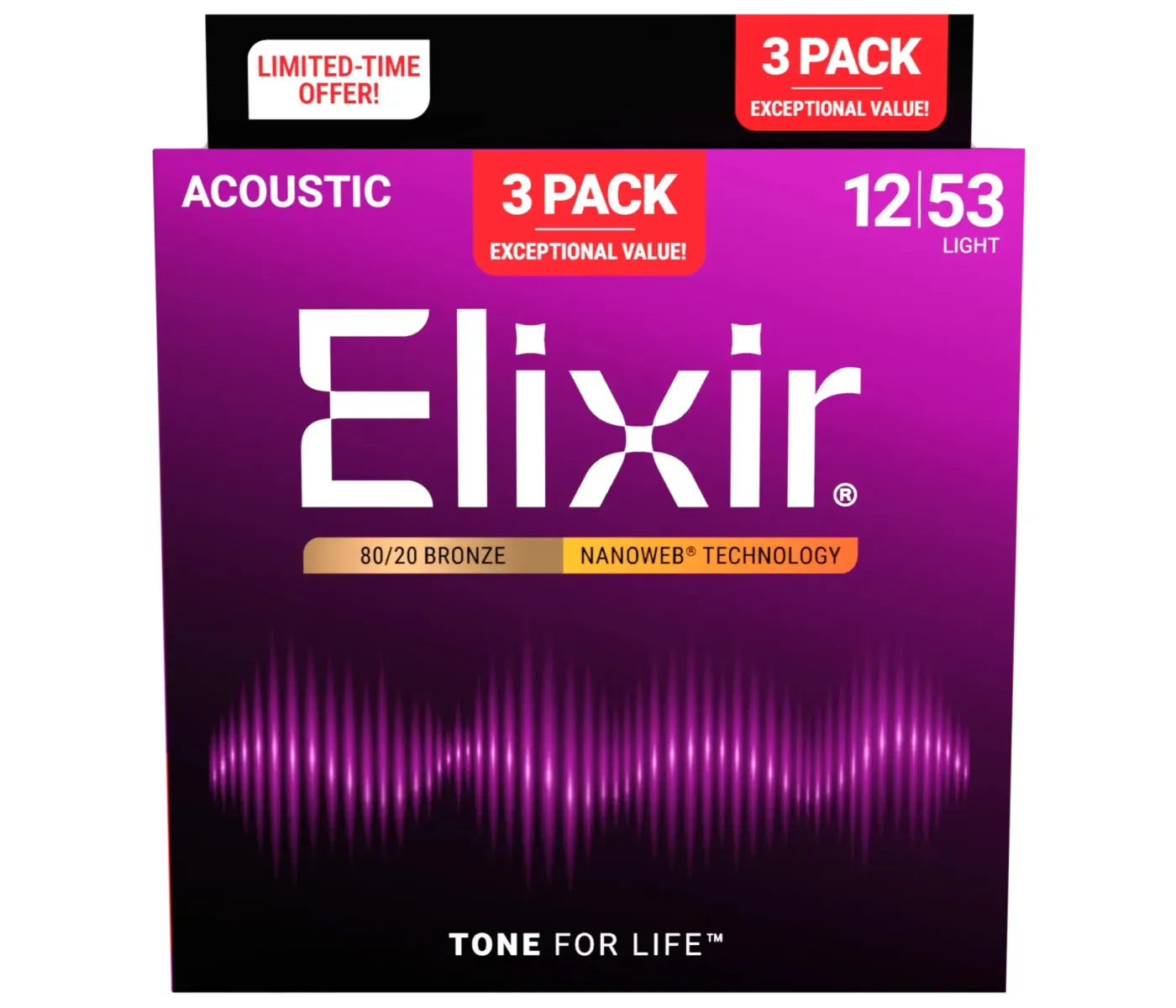Elixir Strings 11052 Nanoweb 80/20 Acoustic Guitar Strings Light - .012-.053 (3 Pack)