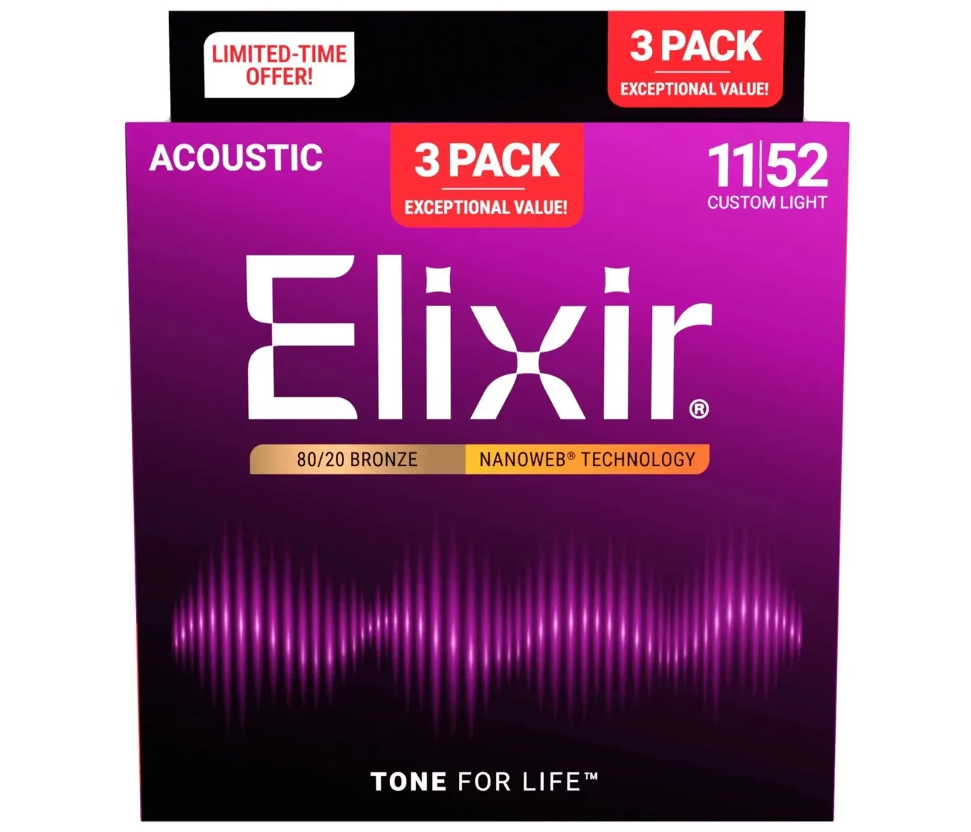 Elixir Strings 11052 Nanoweb 80/20 Acoustic Guitar Strings Light - .012-.053 (3 Pack)