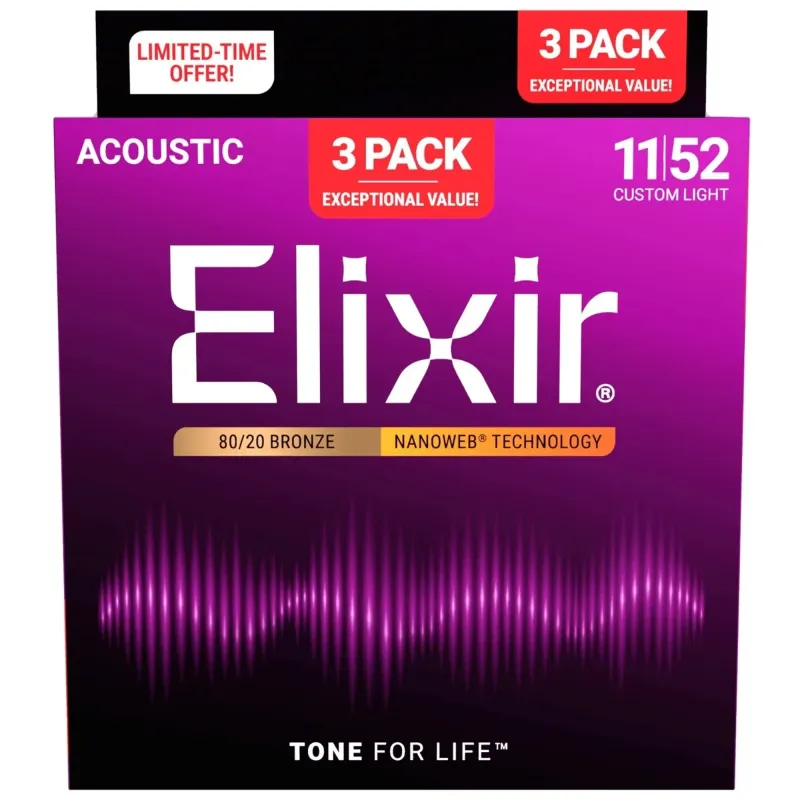Elixir Strings 11052 Nanoweb 80/20 Acoustic Guitar Strings Light - .012-.053 (3 Pack)