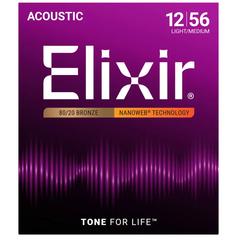 Elixir Strings 11077 80/20 Acoustic Guitar Strings Nanoweb Medium Light - .012-.056