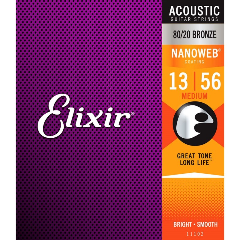 Elixir Strings 11102 80/20 Acoustic Guitar Strings Nanoweb Medium - .013-.056