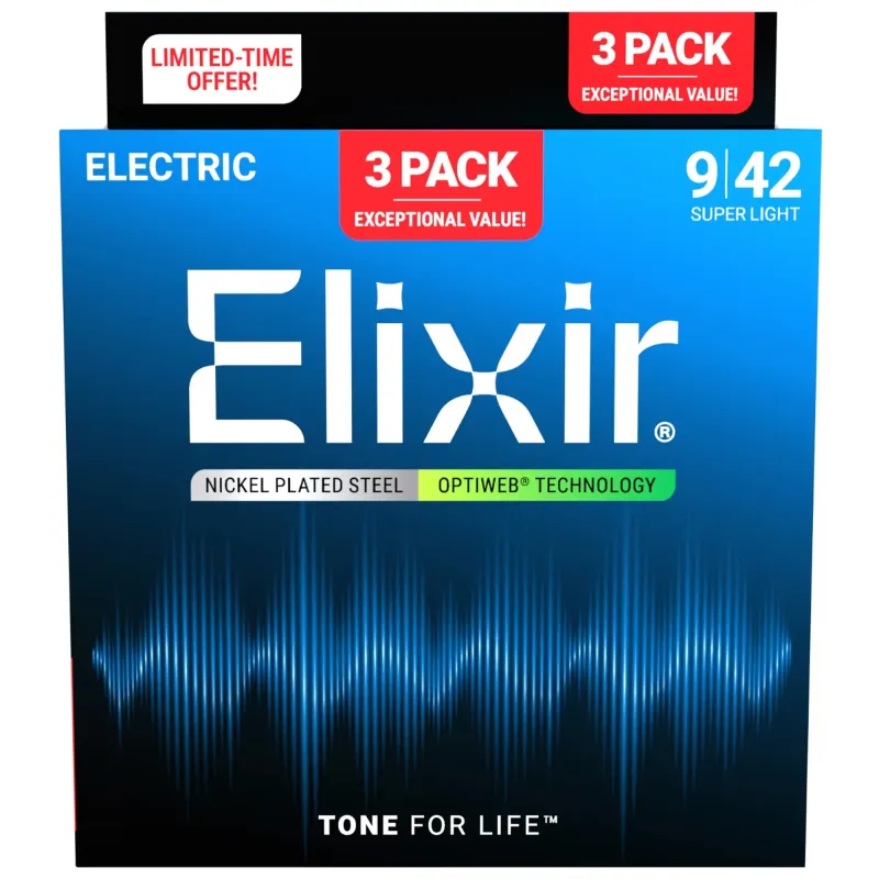 Elixir Strings 12002 Nanoweb Electric Guitar Strings Super Light - .009-.042 (3 Pack)
