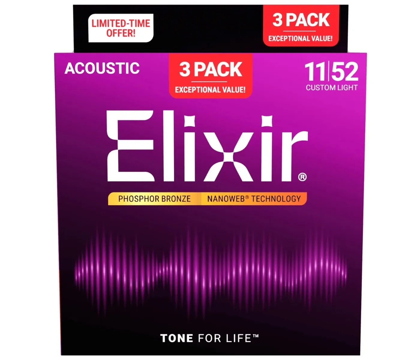 Elixir Strings 16027 Nanoweb Acoustic Guitar Strings Custom Light - .011-.052 ( 3Pack)
