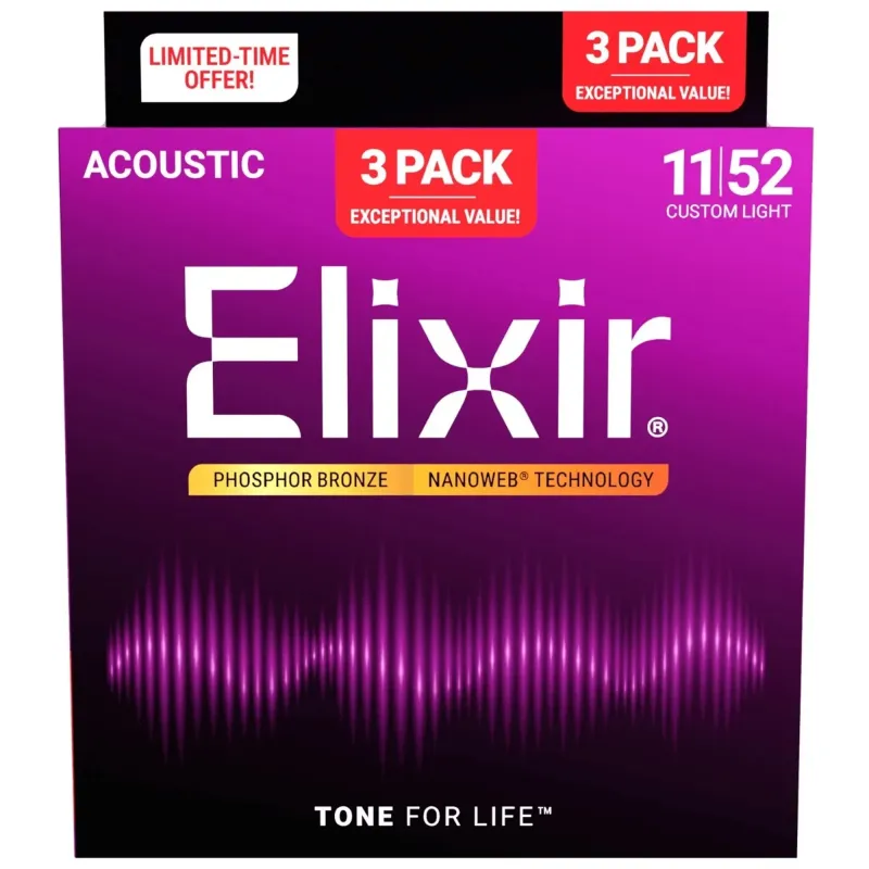 Elixir Strings 16027 Nanoweb Acoustic Guitar Strings Custom Light - .011-.052 ( 3Pack)
