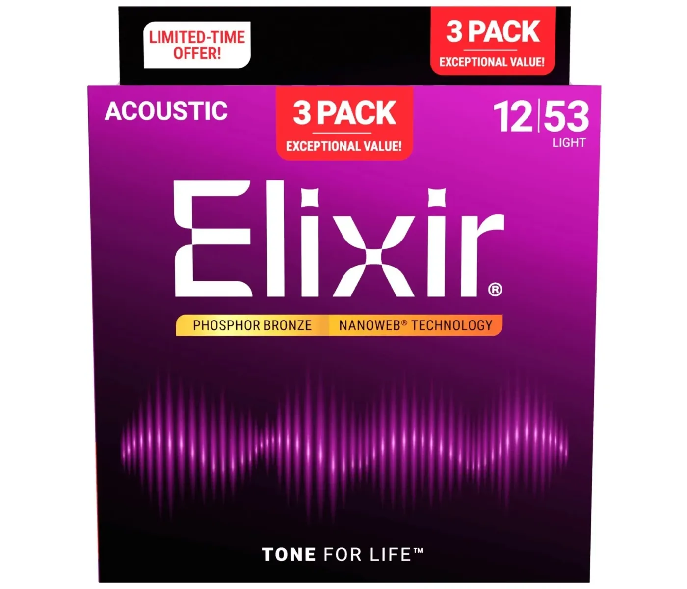 Elixir Strings 16052 Nanoweb Acoustic Guitar Strings Light - .012-.053 ( 3Pack)