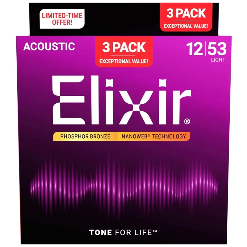 Elixir Strings 16052 Nanoweb Acoustic Guitar Strings Light - .012-.053 ( 3Pack)