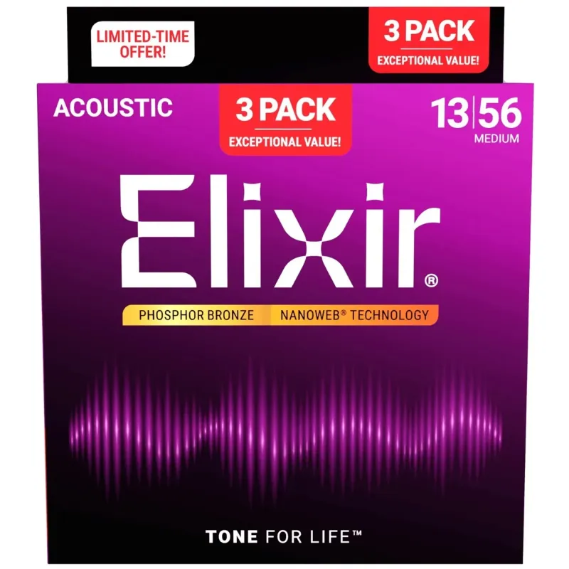 Elixir Strings 16102 Nanoweb Acoustic Guitar Strings Medium - .013-.056 (3Pack)