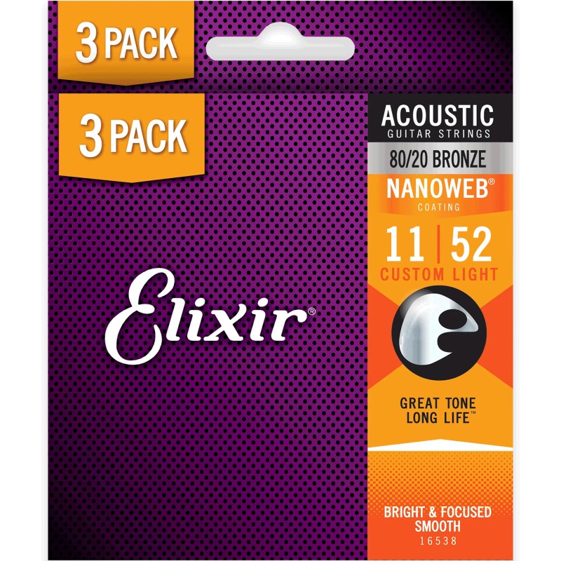 Elixir Strings 16538-3Pk 80/20 Nanoweb Acoustic Guitar Strings  Custom Light - .011-.052 - 3Pack