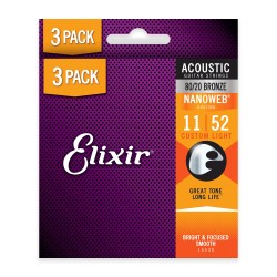 Elixir Strings 16538-3Pk 80/20 Nanoweb Acoustic Guitar Strings  Custom Light - .011-.052 - 3Pack