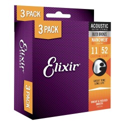 Elixir Strings 16538-3Pk 80/20 Nanoweb Acoustic Guitar Strings  Custom Light - .011-.052 - 3Pack