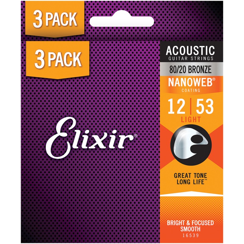 Elixir Strings 16539-3Pk 80/20 Nanoweb Acoustic Guitar Strings Light - .012-.053 - 3 Pack