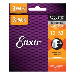 Elixir Strings 16539-3Pk 80/20 Nanoweb Acoustic Guitar Strings Light - .012-.053 - 3 Pack