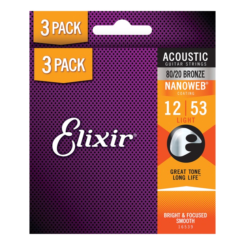 Elixir Strings 16539-3Pk 80/20 Nanoweb Acoustic Guitar Strings Light - .012-.053 - 3 Pack