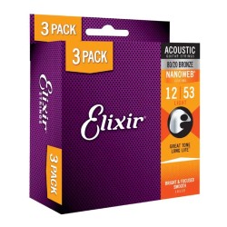 Elixir Strings 16539-3Pk 80/20 Nanoweb Acoustic Guitar Strings Light - .012-.053 - 3 Pack