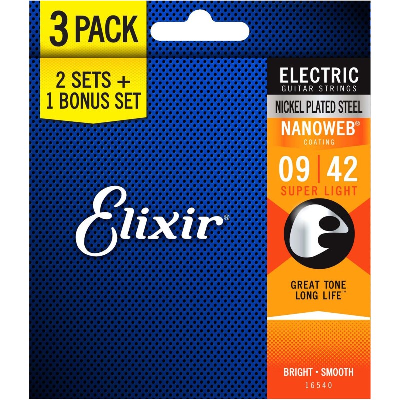 Elixir Strings 16540-3Pk Electric Nickel Plated Nanoweb Guitar Strings Super Light - .009-.042 - 3-pack