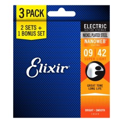 Elixir Strings 16540-3Pk Electric Nickel Plated Nanoweb Guitar Strings Super Light - .009-.042 - 3-pack