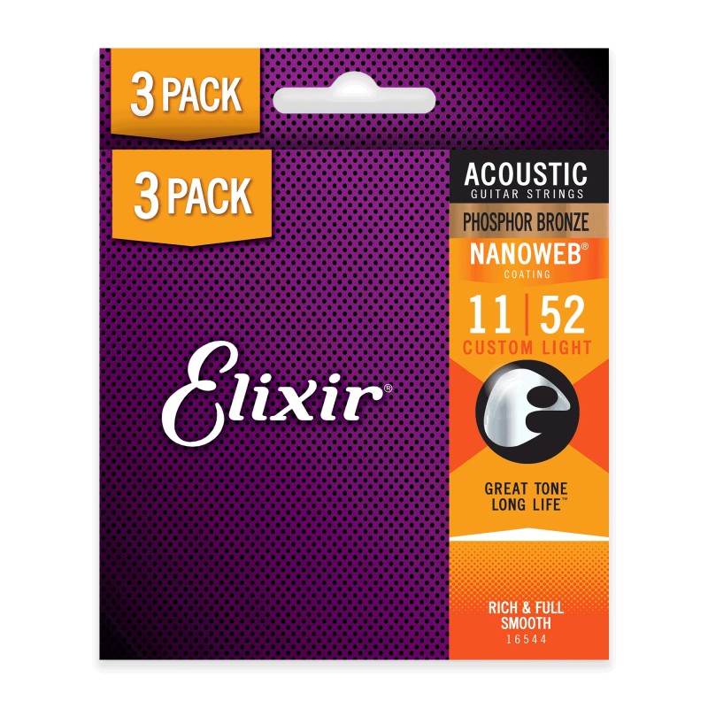 Elixir Strings 16544-3Pk Nanoweb Phosphor Bronze Acoustic Guitar Strings Custom Light - .011-.052 - 3-pack