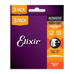 Elixir Strings 16545-3Pk Nanoweb Phosphor Bronze Acoustic Guitar Strings Light - .012-.053 - 3-pack