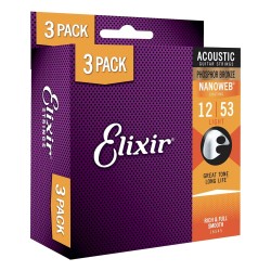 Elixir Strings 16545-3Pk Nanoweb Phosphor Bronze Acoustic Guitar Strings Light - .012-.053 - 3-pack