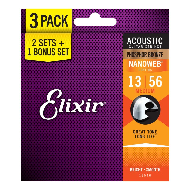 Elixir Strings 16546-3Pk Nanoweb Phosphor Bronze Acoustic Guitar Strings Medium - .013-.056 - 3-pack