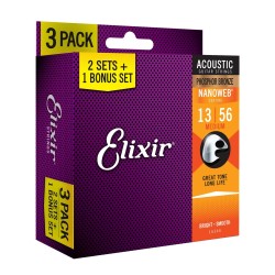 Elixir Strings 16546-3Pk Nanoweb Phosphor Bronze Acoustic Guitar Strings Medium - .013-.056 - 3-pack