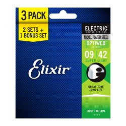 Elixir Strings 16550-3Pk Electric Nickle Plated Guitar Strings Optiweb Super Light - .009-.042 - 3Pack