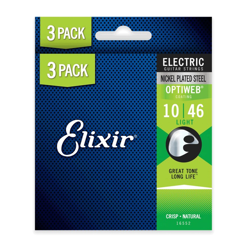 Elixir Strings 16552-3Pk Electric Nickle Plated Guitar Strings Optiweb Light - .010-.046 - 3Pack